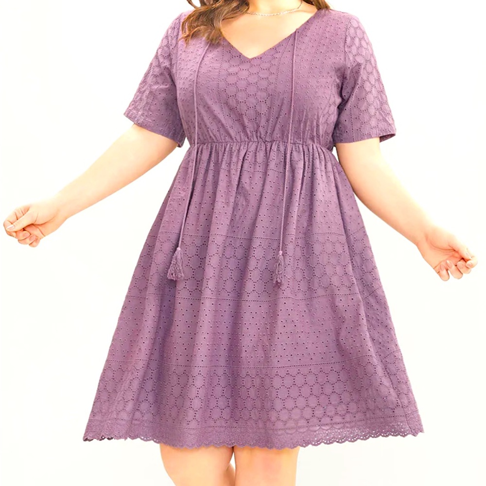 Solid Broderie Anglaise Tassels Pocket Ruffle Hem Dress